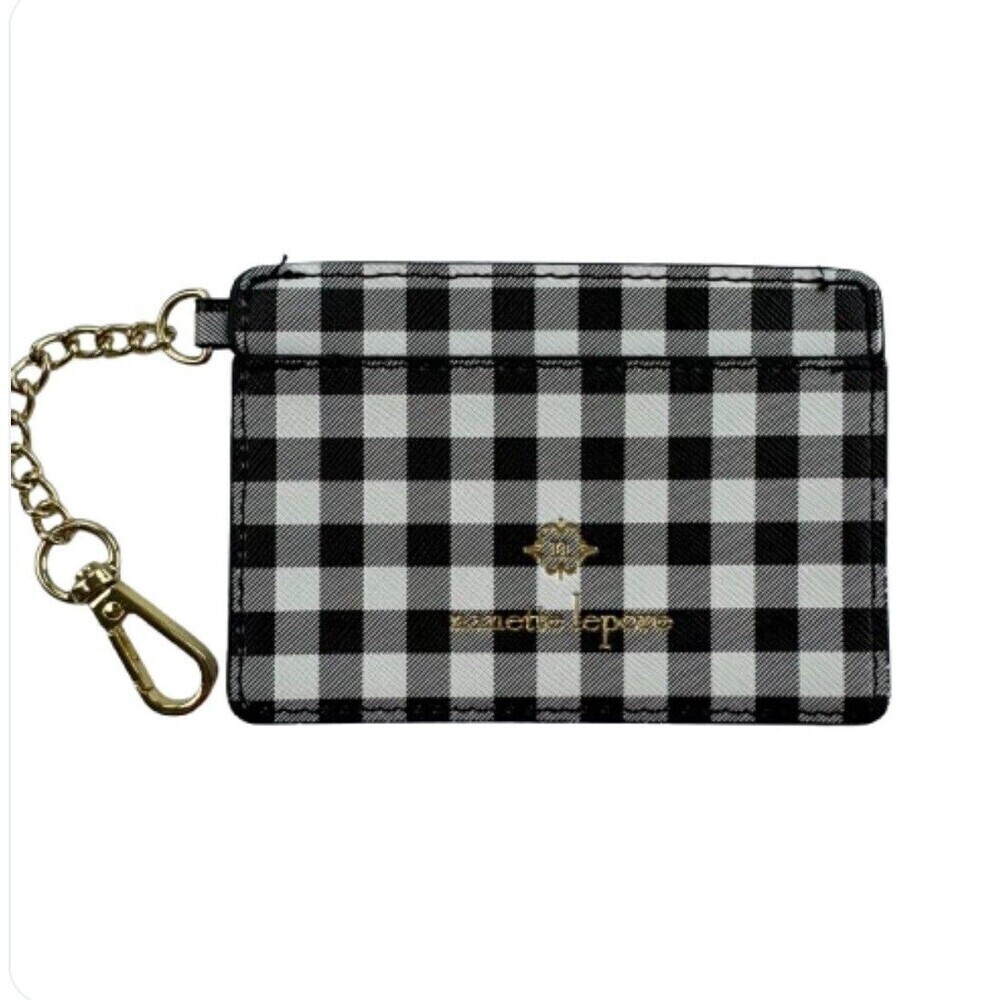 Nanette Lepore Gingham Card Holder Wallet Keychain Black White Buffalo Check